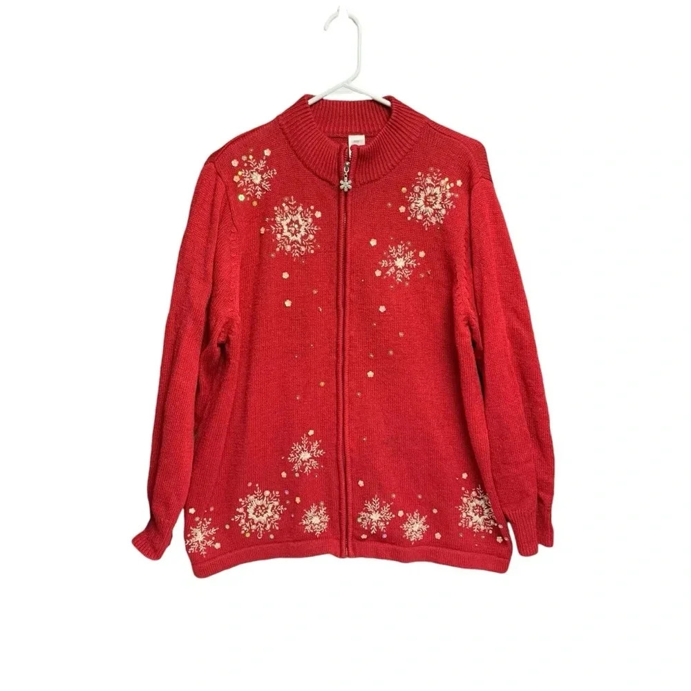 Christmas zip up sweater size 2X red with sequins snowflake themed